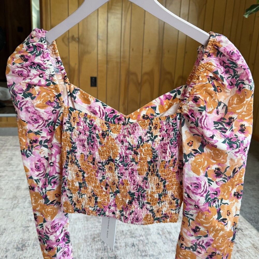NWT Something Navy Linen Blend Set Crop Blouse Printed Flare Leg Pants Sz Medium - Picture 3 of 16